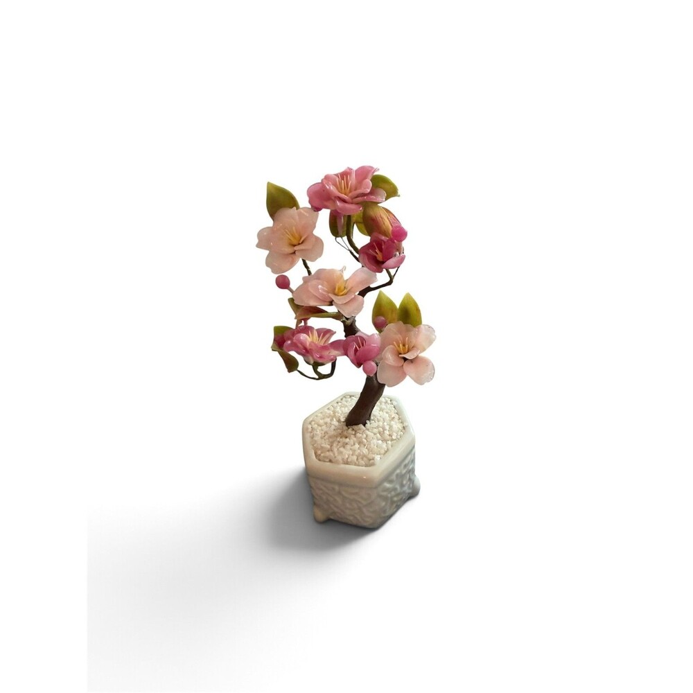 Vtg Gumps Japan Jade Glass Cherry Blossom Bonsai Tree White Hexagon Planter MINT